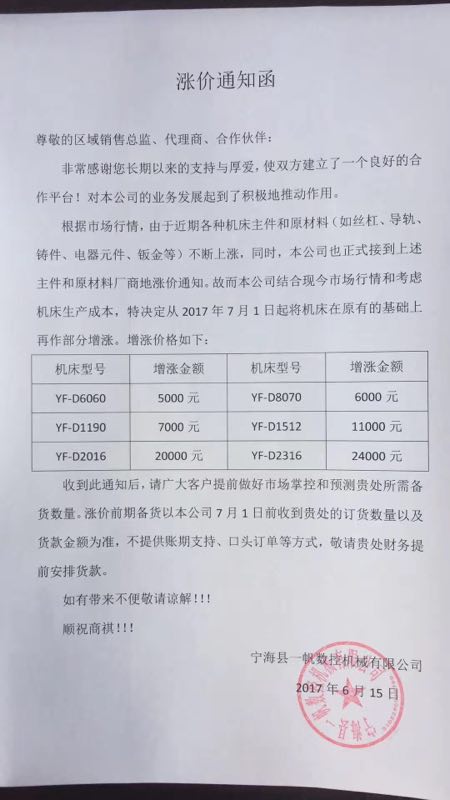 數(shù)控雕銑機(jī)和高速龍門銑漲價(jià)通知！